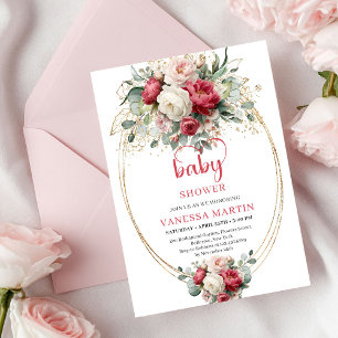 Chic Bohemian Ruby Red White Gold Floral Baby Invitation