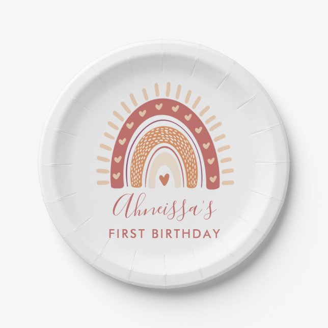 Chic Bohemian Terracotta Rainbow Birthday Party Paper Plate (Front)