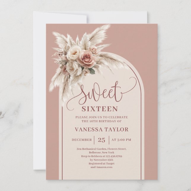 Chic Boho Arch Dusty Rose Pampas Floral Sweet 16 Invitation (Front)