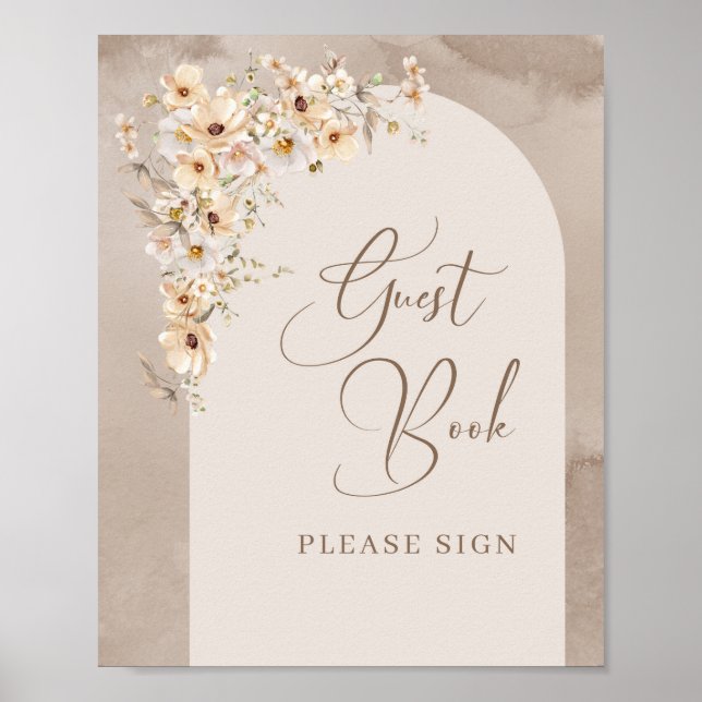 Chic Boho arch neutral wildflowers Guest Book Sign (Front)