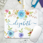 Chic boho blue floral watercolor monogram script mouse mat<br><div class="desc">Turquoise blue, red and orange watercolor flowers and navy blue script typography overlay a white background on this beautiful, rustic, romantic, vintage floral custom name mousepad. Add your name to personalise. Makes a chic and stylish statement every time you use it. A great gift for a friend, as well as...</div>