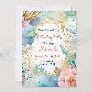 chic boho blue gold watercolor birthday  invitation