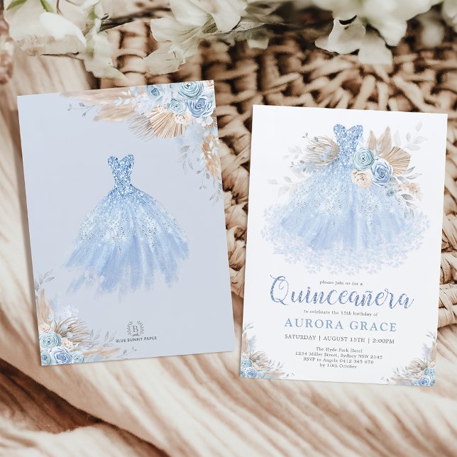 Chic Boho Blue Silver Quinceañera Princess Dress Invitation (Creator Uploaded)