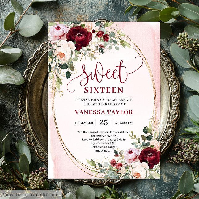 Chic Boho Blush Burgundy Rose Sweet 16 Invitation (Chic Blush Burgundy Rose Sweet 16 Invitation)