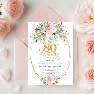 Chic Boho Blush Floral Minimal Gold 80th Birthday Invitation