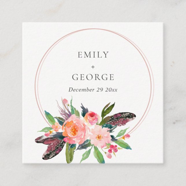 CHIC BOHO BLUSH FLORAL WREATH WEDDING WEBSITE RSVP SQUARE BUSINESS CARD (Front)