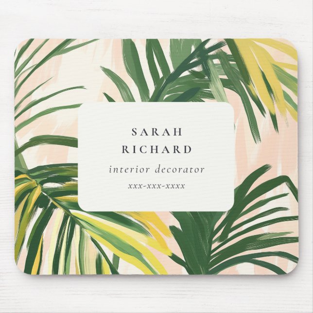 Chic Boho Blush Green Tropical Palm Leaves Beach Mouse Mat (Front)