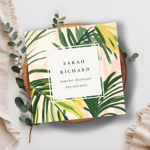 Chic Boho Blush Green Tropical Palm Leaves Beach Square Business Card