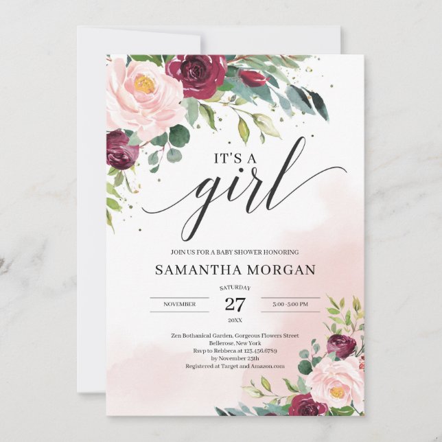 Chic Boho blush pink burgundy floral it's a girl Invitation (Front)