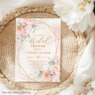 Chic Boho Blush Pink Watercolor Gold Bridal Shower Invitation