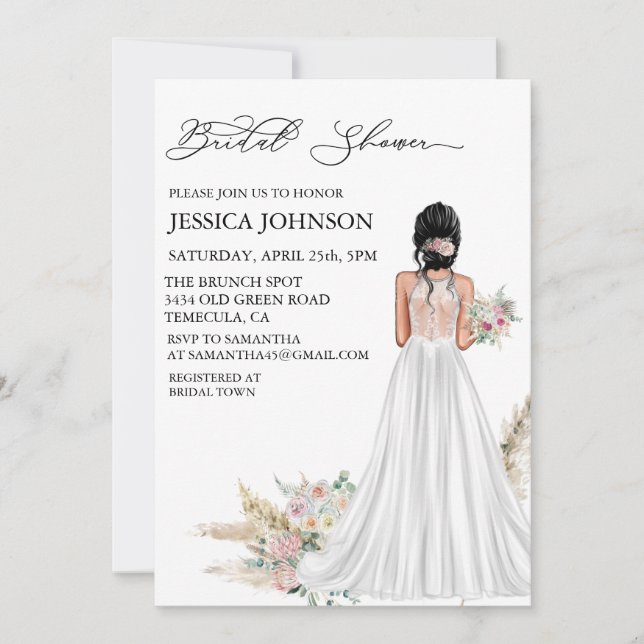 Chic Boho Bridal Shower Wedding Dress Black Hair   Invitation (Front)