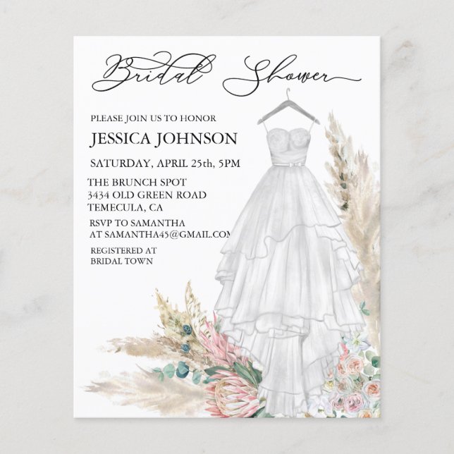 Chic Boho Bridal Shower Wedding Dress Watercolor (Front)