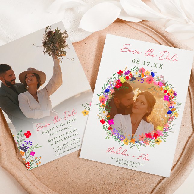 Chic boho bright wild flowers 2 photos wedding  save the date (Creator Uploaded)
