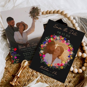 Chic boho bright wild flowers 2 photos wedding save the date