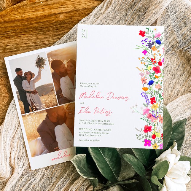 Chic boho bright wild flowers 3 photos wedding invitation (Creator Uploaded)