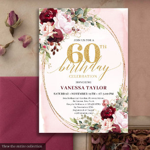 Chic Boho Burgundy Blush Floral 60th Birthday Invitation