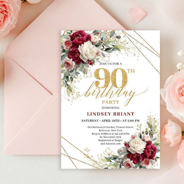 Chic Boho Burgundy Blush Floral Gold 90th Birthday Invitation (Chic Burgundy Blush Floral Gold 90th Birthday Invite)