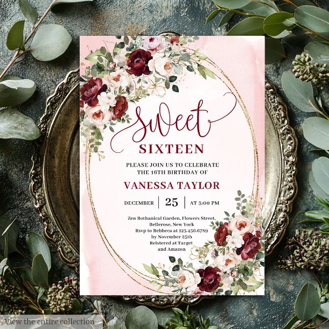 Chic Boho Burgundy Blush Floral Gold Sweet Sixteen Invitation (Chic Boho Burgundy Blush Floral Gold Sweet Sixteen Invitation)