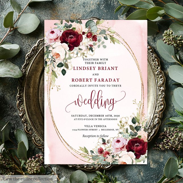 Chic Boho Burgundy Blush Gold Floral Invitation (Chic Boho Burgundy Blush Gold Floral Invitation)
