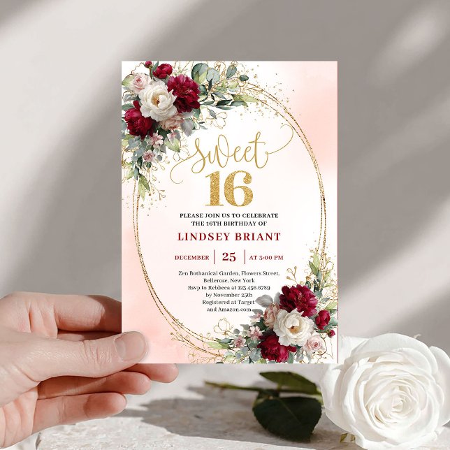 Chic Boho Burgundy Blush Gold Floral Sweet Sixteen Invitation (Chic Boho Burgundy Blush Gold Floral Sweet Sixteen)