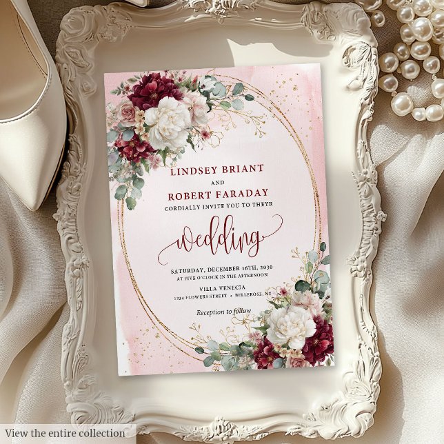 Chic Boho Burgundy Blush Roses Wedding Invitation  (Chic Boho Burgundy Blush Roses Wedding Invitation )