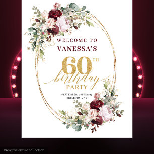 Chic Boho Burgundy Gold Eucalyptus 60th Backdrop Tapestry