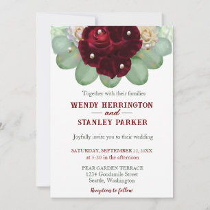 Chic Boho Burgundy Rose Eucalyptus Pearl Wedding Invitation