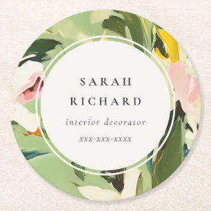 Chic Boho Colorful Green Pink Painted Floral Round Paper Coaster