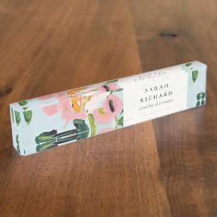 Chic Boho Colorful Pink Blue Green Painted Floral Nameplate