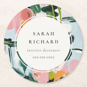 Chic Boho Colorful Pink Blue Green Painted Floral Round Paper Coaster