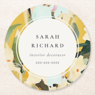 Chic Boho Colorful Yellow Ochre Painted Floral Round Paper Coaster