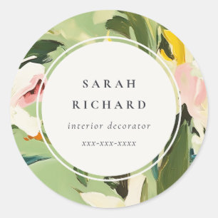 Chic Boho Colourful Green Pink Painted Floral Classic Round Sticker