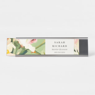 Chic Boho Colourful Green Pink Painted Floral Desk Name Plate