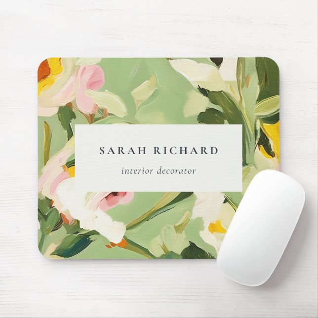 Chic Boho Colourful Green Pink Painted Floral Mouse Mat (With Mouse)