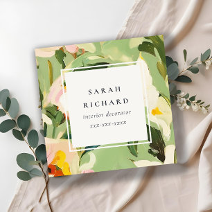 Chic Boho Colourful Green Pink Painted Floral Square Business Card