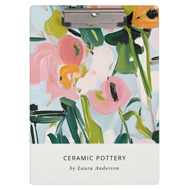 Chic Boho Colourful Pink Blue Green Painted Floral Clipboard (Front)
