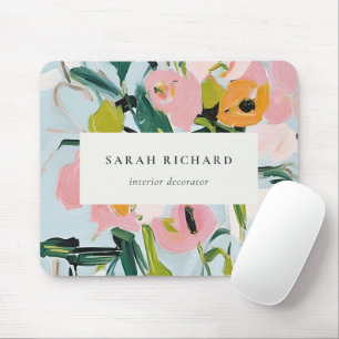 Chic Boho Colourful Pink Blue Green Painted Floral Mouse Mat