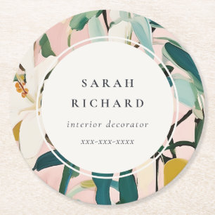 Chic Boho Colourful Pink Teal Green Painted Floral Round Paper Coaster