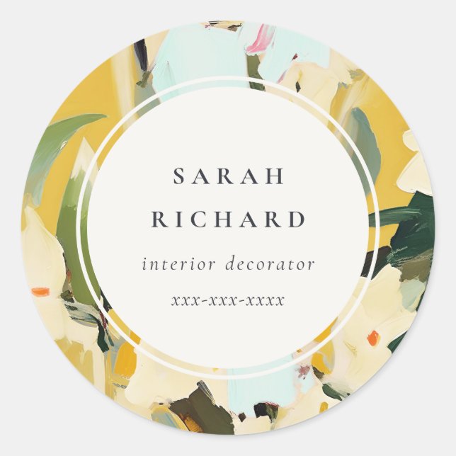 Chic Boho Colourful Yellow Ochre Painted Floral Classic Round Sticker (Front)