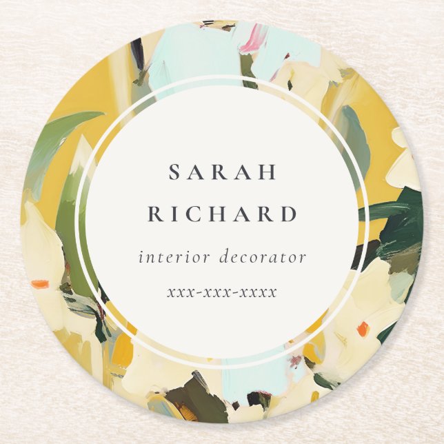 Chic Boho Colourful Yellow Ochre Painted Floral Round Paper Coaster (Front)