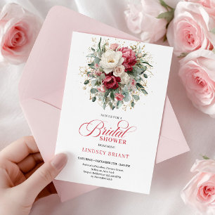 Chic Boho Crimson White Greenery Bridal Shower Invitation
