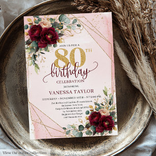 Chic Boho Deep Red Gold Flowers 80th Birthday  Invitation
