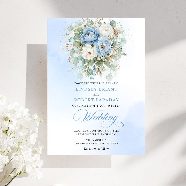 Chic Boho Dusty Blue Peony Floral Gold Wedding Invitation (Chic Boho Dusty Blue Peony Floral Gold Wedding)