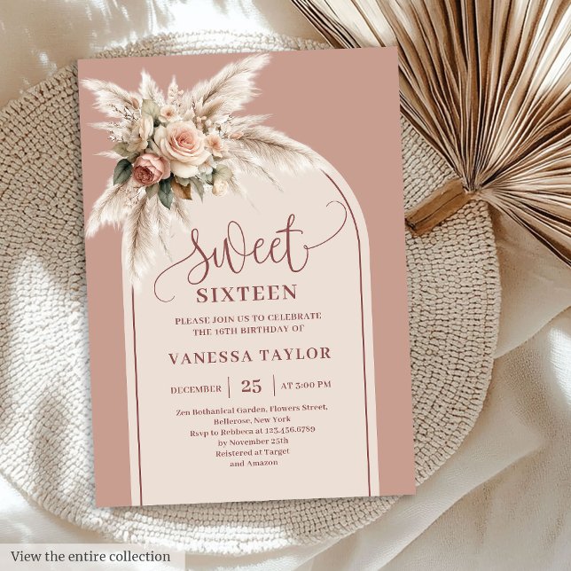 Chic Boho Dusty Rose Pampas Floral Arch Sixteen Invitation (Chic Boho Dusty Rose Pampas Floral Arch Sixteen

)