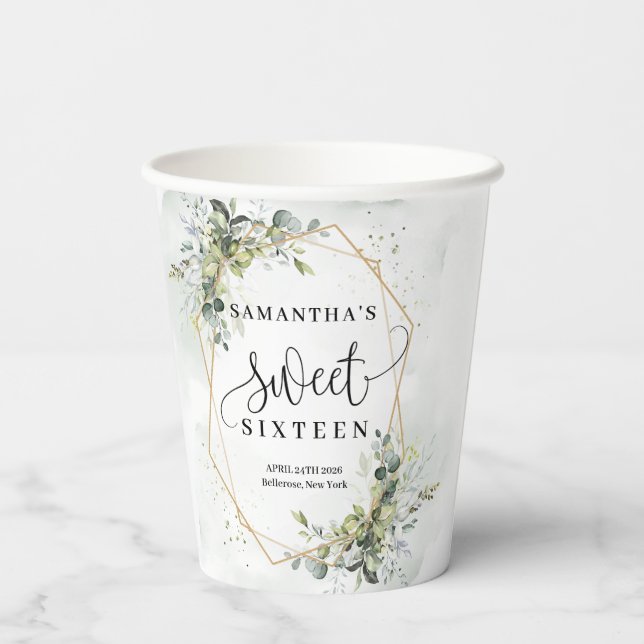 Chic boho eucalyptus greenery gold 16th birthday  paper cups (Back)