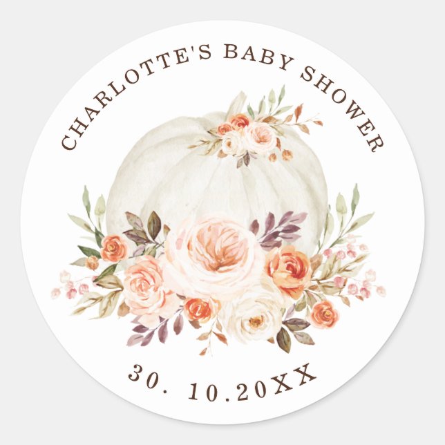 Chic Boho Fall Floral Pumpkin Baby Shower Favours Classic Round Sticker (Front)