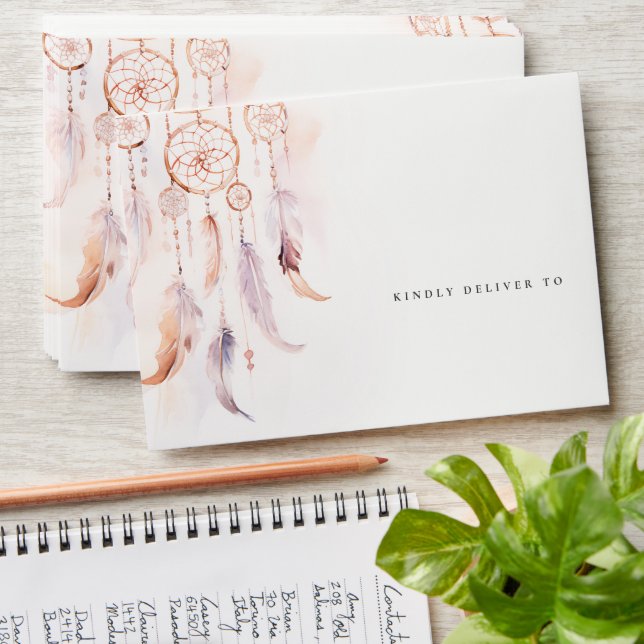Chic Boho Feather Dreamcatcher Watercolor Wedding Envelope (Stacked)