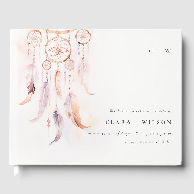 Chic Boho Feather Dreamcatcher Watercolor Wedding Guest Book (Front)
