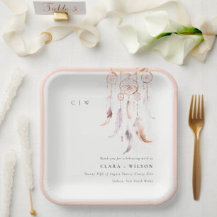 Chic Boho Feather Dreamcatcher Watercolor Wedding Paper Plate