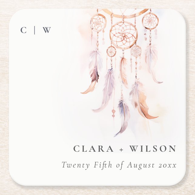 Chic Boho Feather Dreamcatcher Watercolor Wedding Square Paper Coaster (Front)
